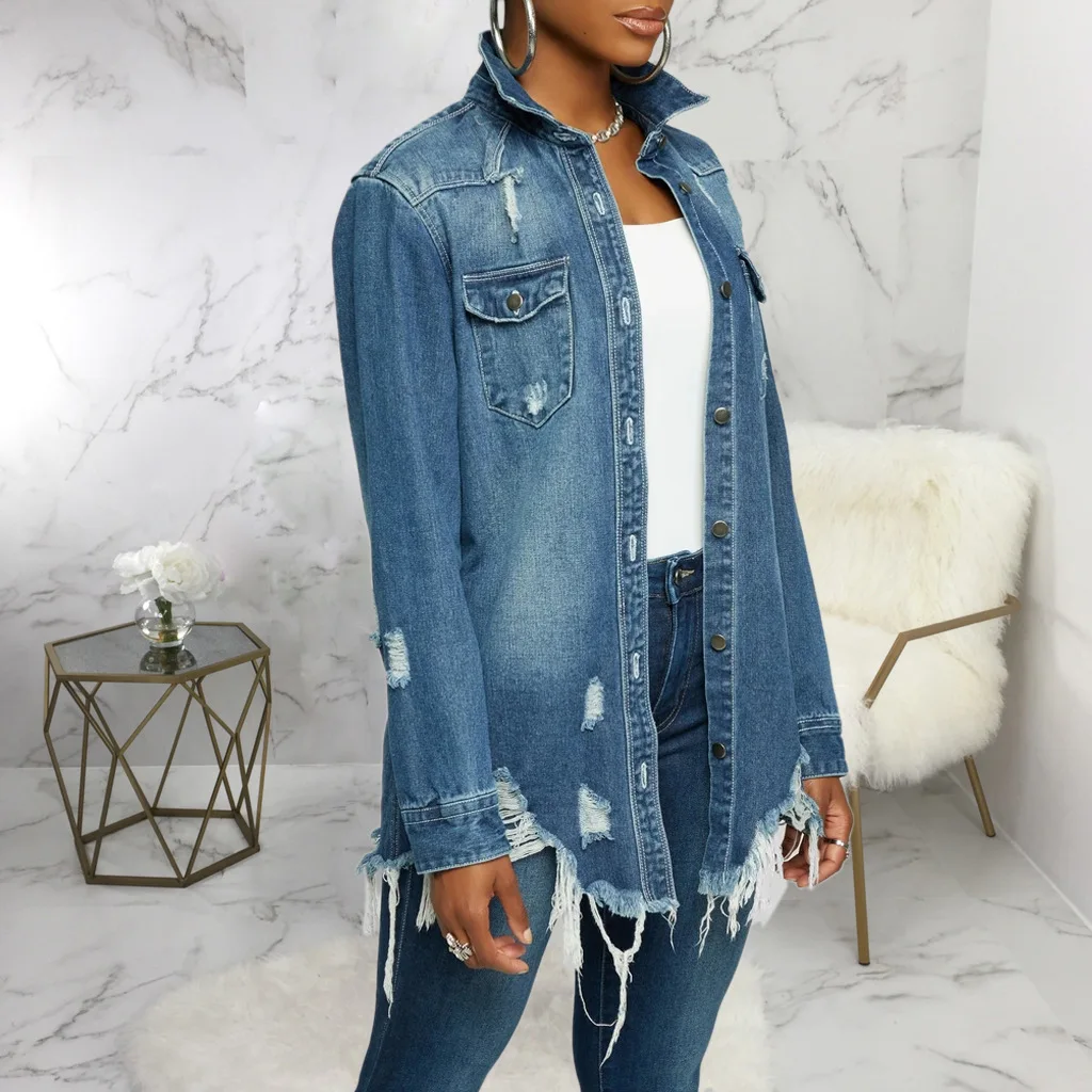 

Wepbel Sexy Women Jean Coats Summer Washed Ripped Fashion Lady's Denim Jacket Autumn Long Sleeve Loose Hole Denim Outwear