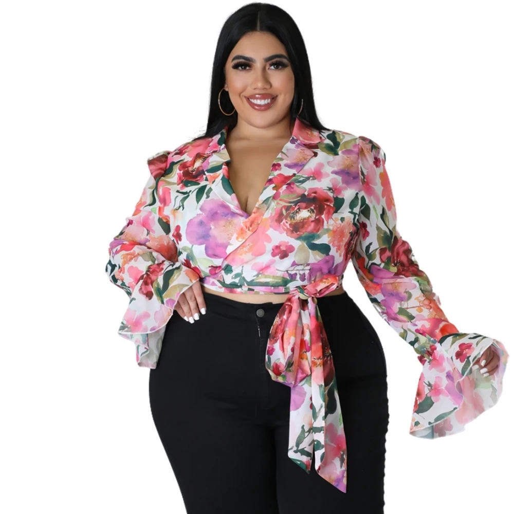 

4XL 5XL Plus Size Women Long Sleeve Shirt Flower Print Turn-down Collar Summer Lady Casual Loose Irregular Oversize Beach Blouse