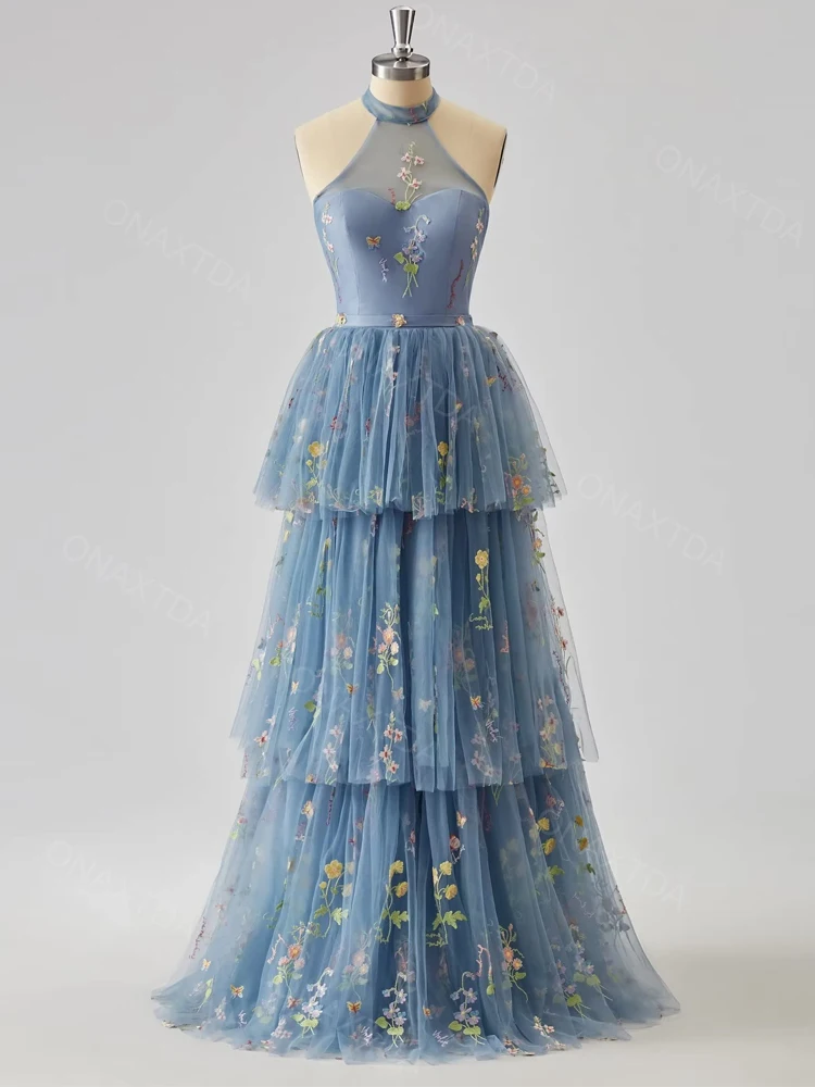 

Tulle Long Prom Dress for Women Flower Embroidery Tiered Formal Party Gown A Line Halter Neck Cocktail Dress ON54