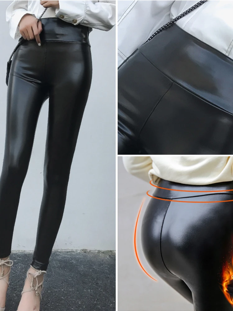 Winter PU Leather Leggings Women Thermal Pants Stretch High Waist Tights Sexy Slimming Pants Female Thicken Plush Pantyhose