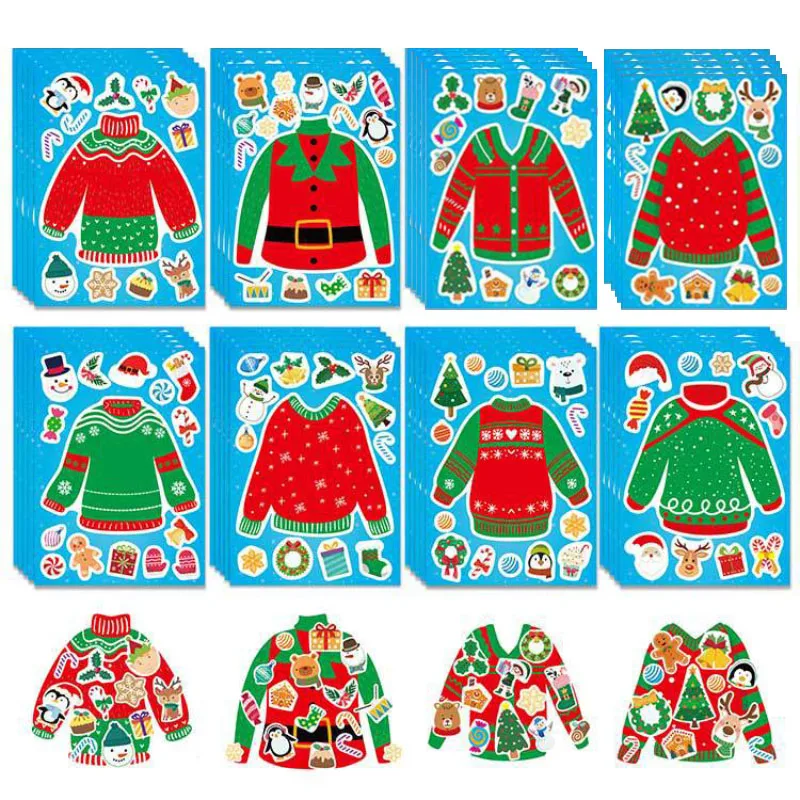 Фото Funrous Christmas Sweater DIY Stickers for Kids Make Your Own Ornaments Tree Xmas Sweater  Winter Party Supplies Crafts Decor №1