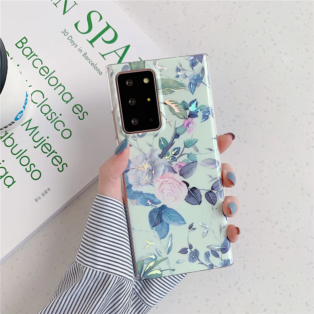 

S20 FE A42 Marble Phone Case For Samsung A51 A71 A50 A70 Note 20 Ultra A13 A33 A53 A12 A52 A72 S21 Laser Flower Leaf Back Cover