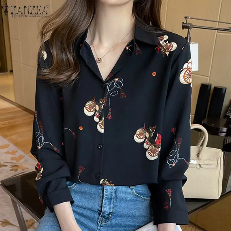 

Printed Blouse Holiday Spring Button Bohemian Elegant Loose Down Full Sleeved Shirt ZANZEA Fashion Women Vintage Casual Black