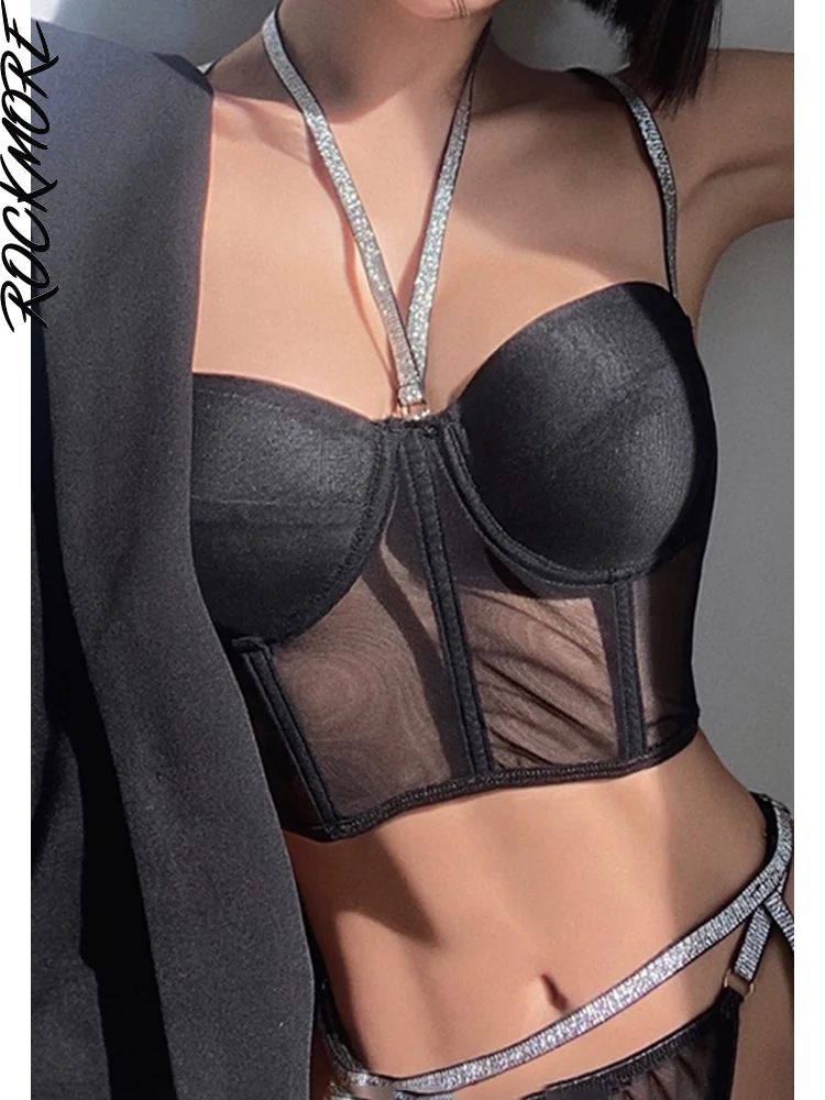 

Rockmore Mesh Patchwork Corset Tops Women Clubwear Backless Camis Bustiers Summer Sexy See Through Party Crop Tank Top Black