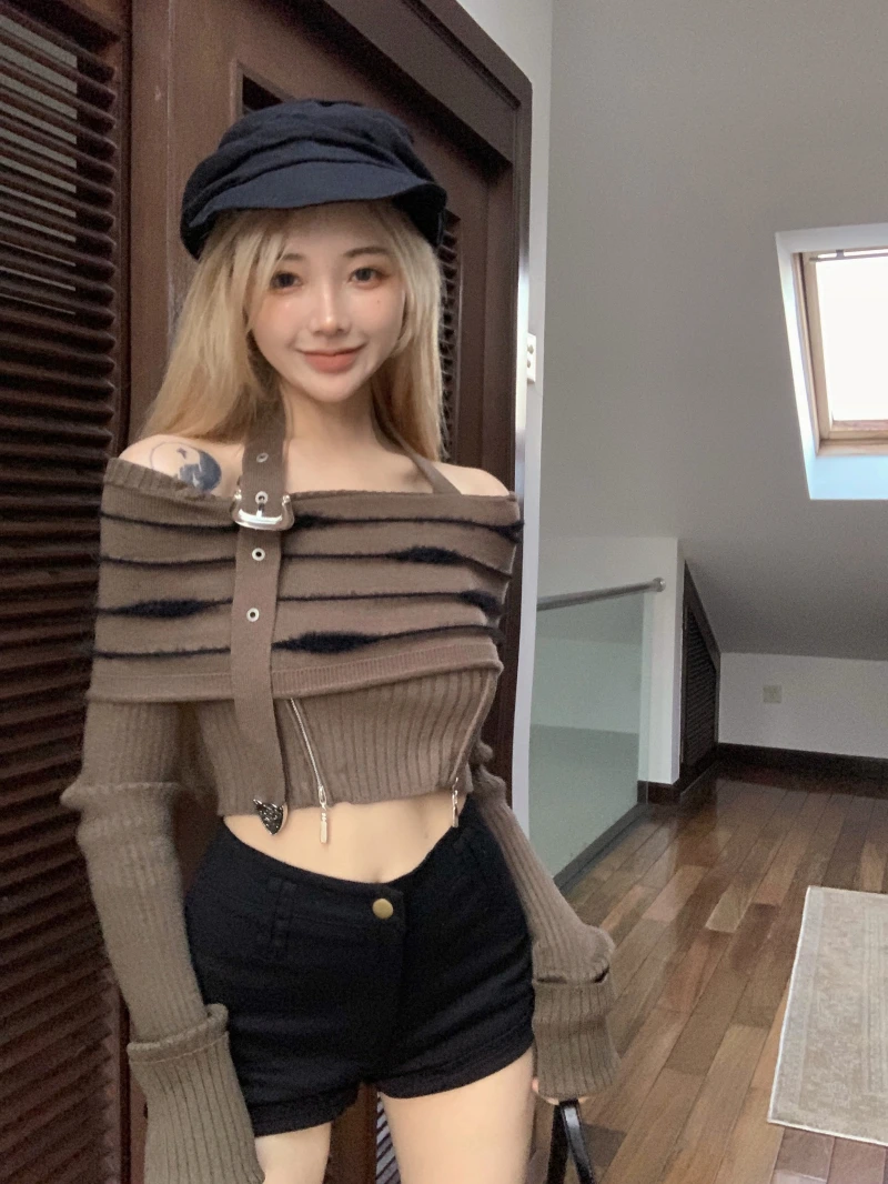 Трикотажный топ с длинным рукавом на одно плечо в Корейском стиле