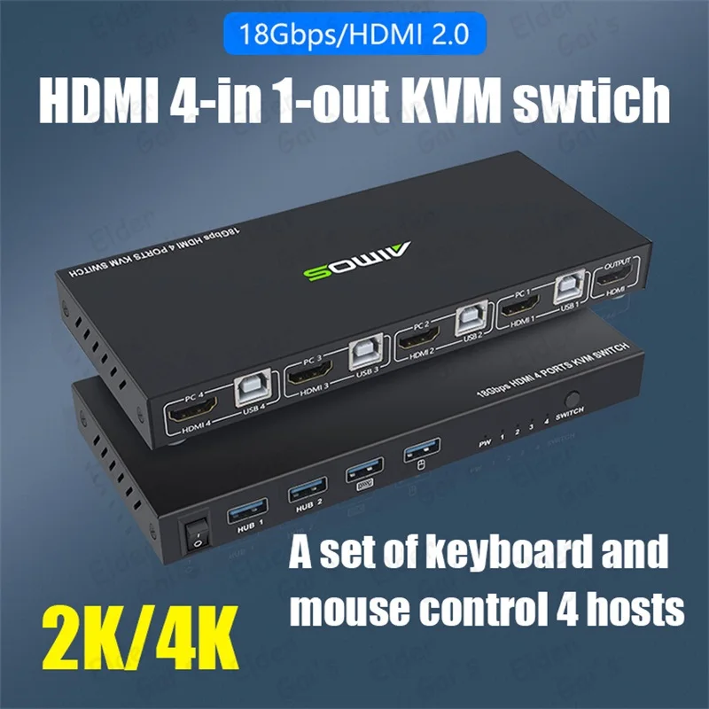HDMI kvm Switch AM-KVM401 4-in-1 HDMI/USB KVM Switch Support HD 2K*4K 2 Hosts Share 1 Monitor/Keyboard& Mouse Set 2-in-1VGA/USB
