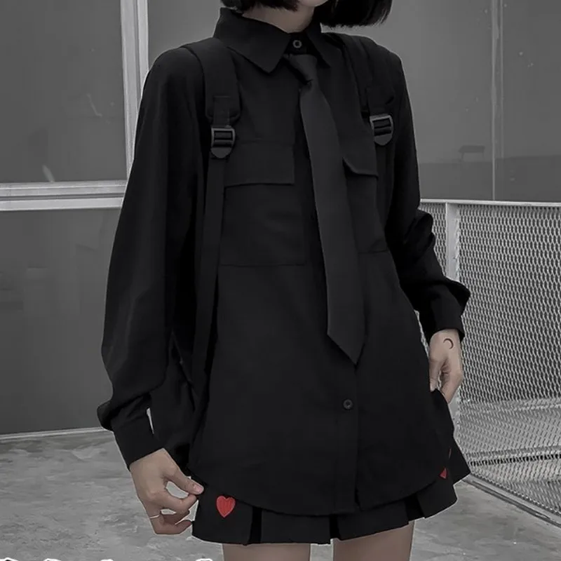 Emo Y2K Women Fashion Black Vintage Gothic Shirt Harajuku Turn-down Collar Alt Oversized Punk Blouse Tops Top Korean Shirts