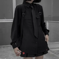 emo y2k women fashion black vintage gothic shirt harajuku turn down collar alt oversized punk blouse tops top korean shirts