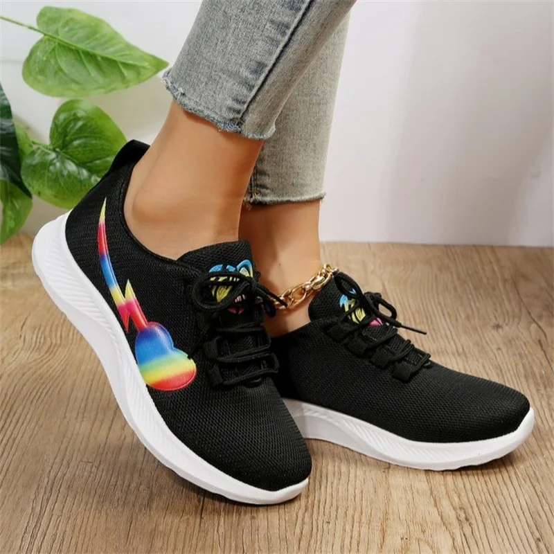 

Women's Canvas Shoes Autumn New Heart Patterns Lace-up Round Toe Mesh Vulcanized Shoe Casual Walking Breathable Zapatos De Mujer