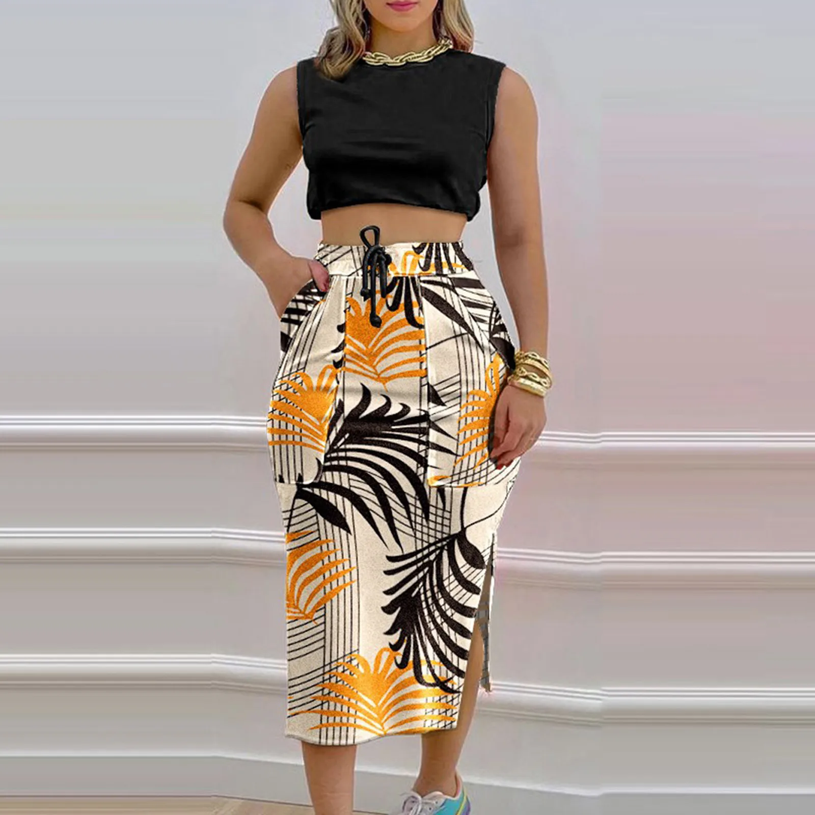 

Женские рабочие платья, женская одежда из двух предметов, короткий топ для активного отдыха + юбка с принтом, нижняя одежда, повседневный Женский комплект с юбкой