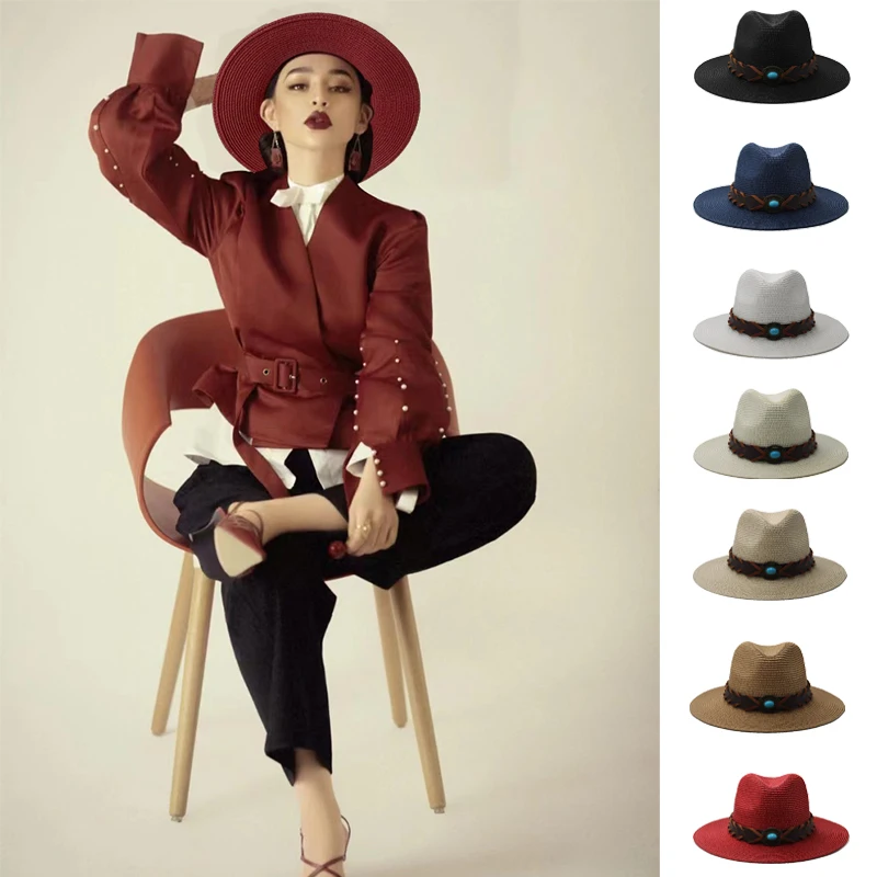 

Men Women Soft Straw Panama Hats Summer Sunhats Wide Brim Caps Sombrero Beach Fedora Trilby Outdoor Travel US Size 7 1/4 UK L