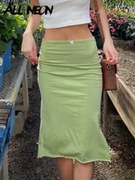 allneon 90s aesthetics basic low waist slit hem green skirts y2k streetwear retro solid bow trim midi skirt women summer outfits