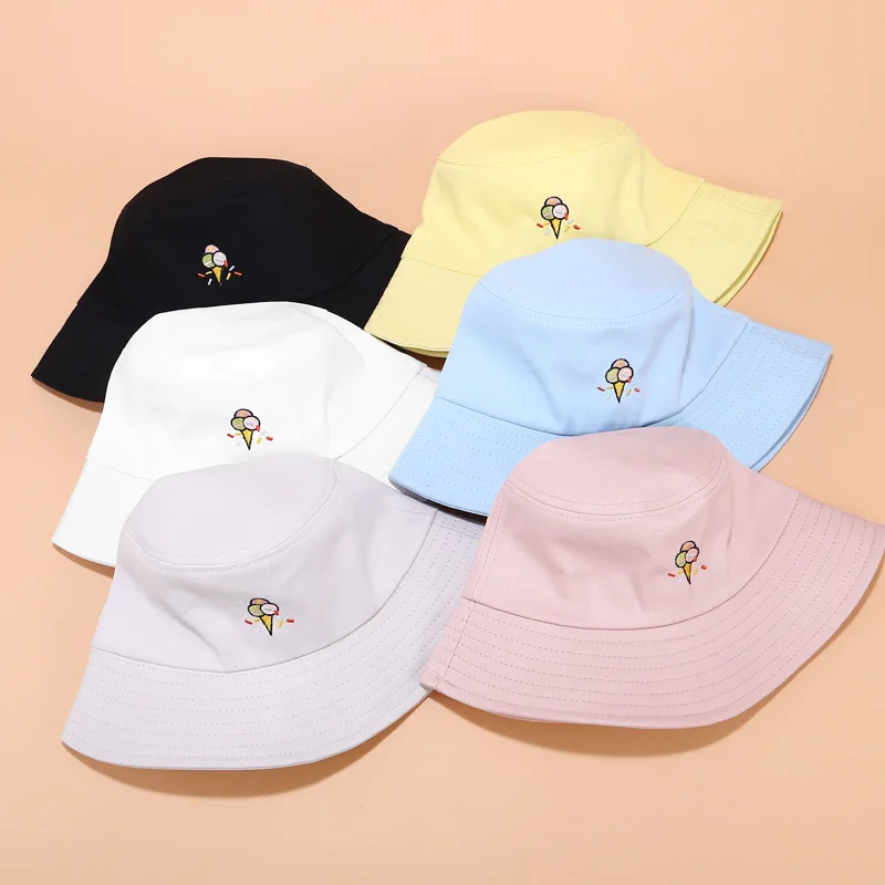 

Fashion Bucket Hats Women Cartoon Ice Cream Pattern Embroidered Double-sided Fisherman Hats Korean Outdoor Sunscreent Shade Caps
