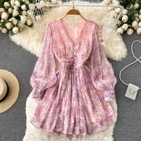 gentle style french retro super fairy chiffon floral dress with waist and thin temperament v neck puff sleeve printed dress