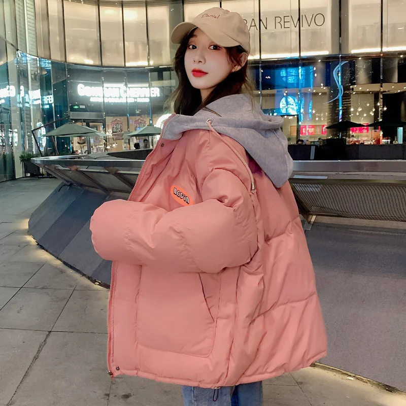 Women Korean Style Loose Winter 2023 New Fake Two-piece Hooded Tops Coats Thick Bread Jacket Short Down Cotton Parkas Overcoat