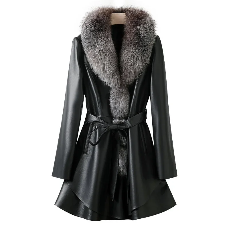 2024 женская кожаная куртка из овчины средней длины новое пальто с воротником меха