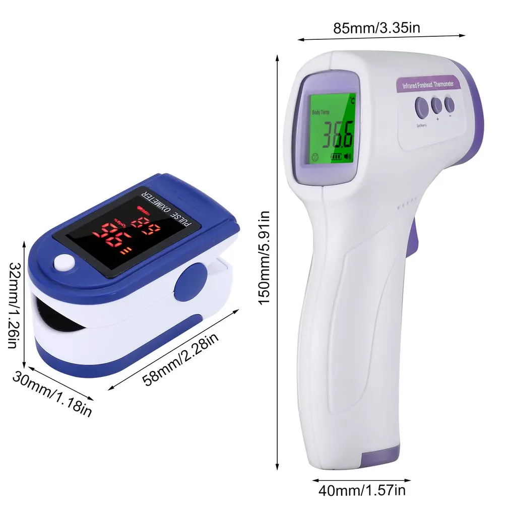 

Tri-color Forehead Thermometer Infrared Non-contact Temperature with Fingertip Pulse Oximeter Blood-Oxygen Saturation Set