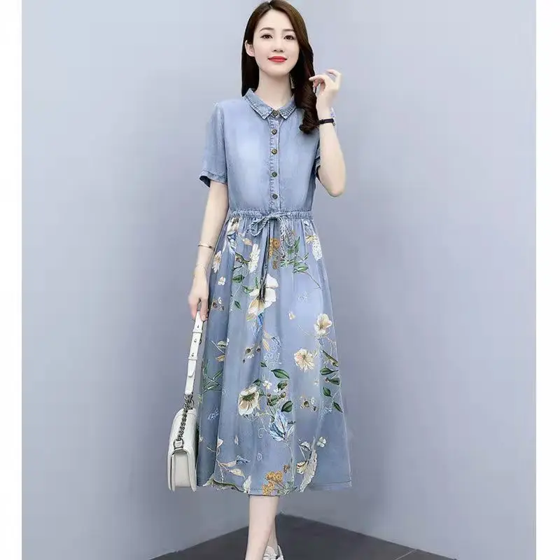 

Denim Dress Women's Summer 2022 New Fashion Korean Grace Waist Flowers Thin Shirt Dress Leisure Zara Clothes Harajuku Dress