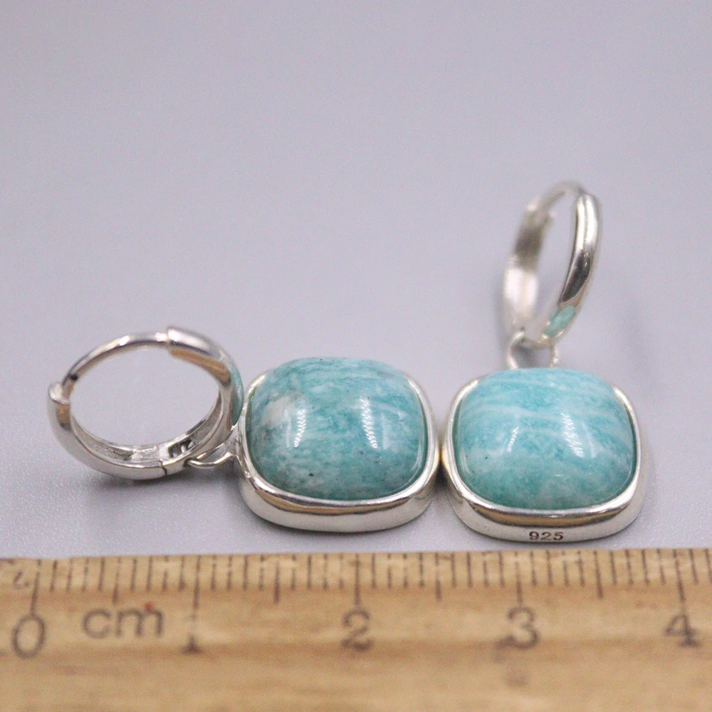 Бесплатная доставка S925 стерлингового серебра амазонит квадратные серьги-кольца