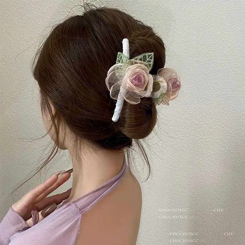 

New Girl Korean Fashion Rose Flower Sweet Super Fairy Large Organza Crab Hairclip Claw Clip Hairpin Woman Hair Accessori