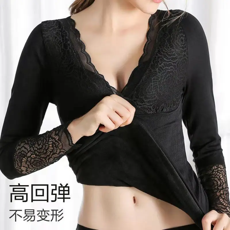 

Thermal Sleeve V-neck Blouse Lace Layer Soft Tops Lined Basic Winter Pullovers Shirt Velvet Women Long Underwear Warm