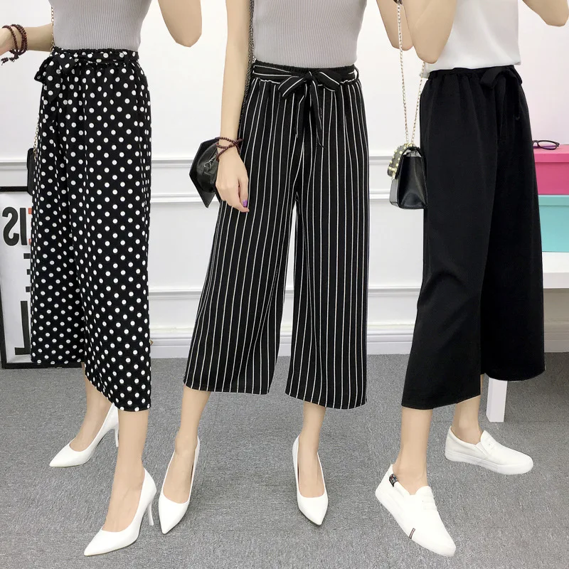 2022 Summer Fashion Slim Relaxed Nine point Casual Wide Leg Pants Vertical Stripe Wave Dot Lace Trendy Women's Pants