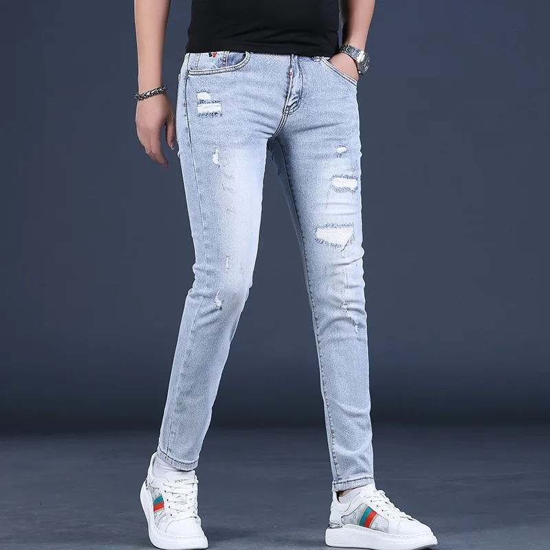 Summer Ripped Jeans Men Fashion Slim Fit Pencil Pants Streetwear Casual Lightweight Light Blue Denim Trousers