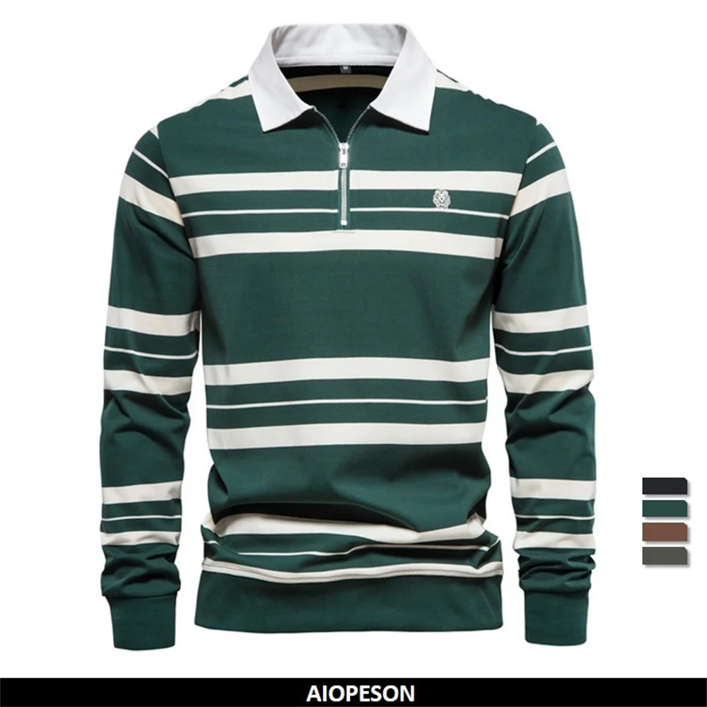 

AIOPESON Embroidery Cotton Long Sleeve Polo Shirts for Men Striped Zipper Men's Polo Shirts New Spring Autumn Brand Men Clothing