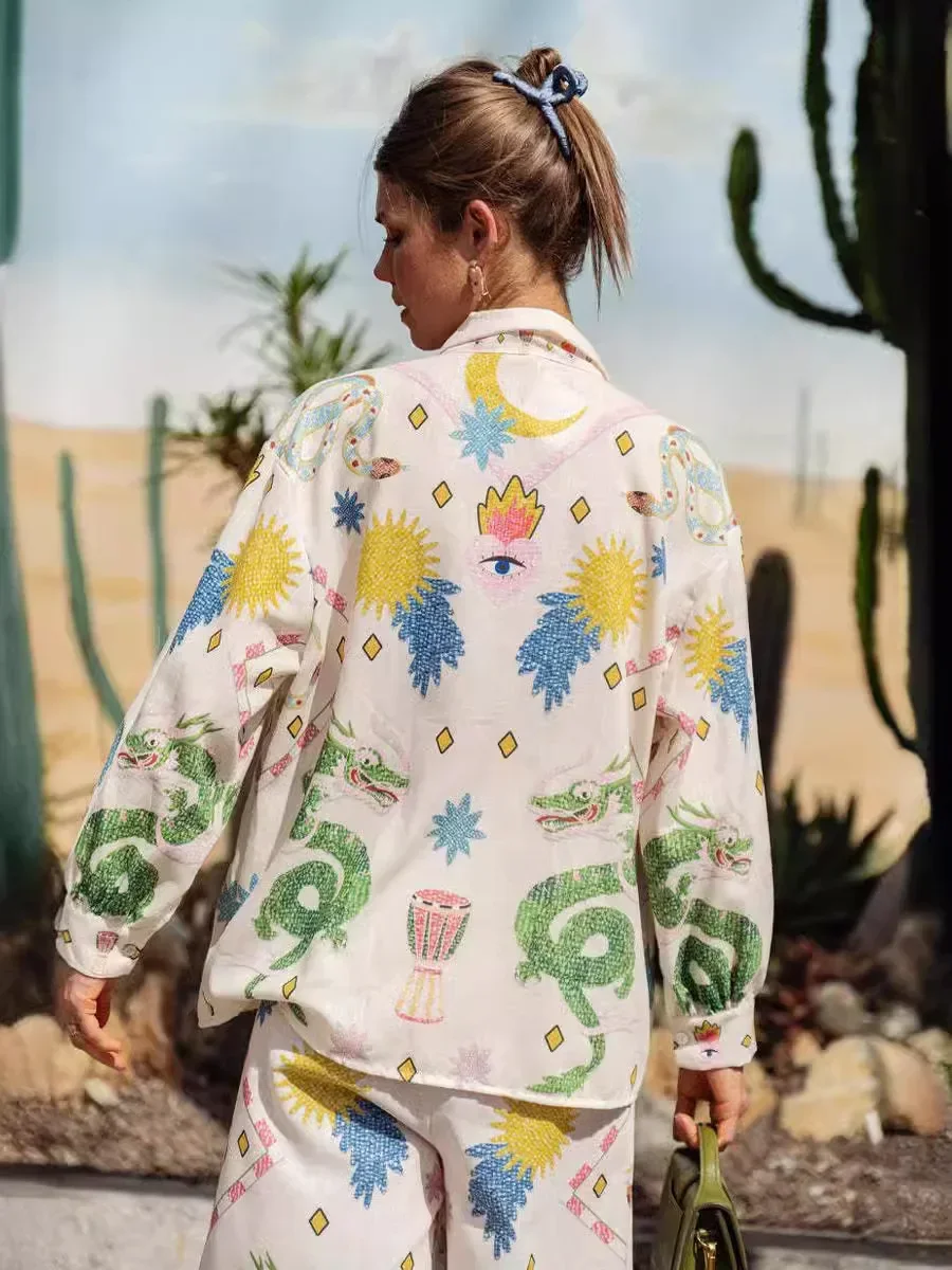 Женский Повседневный костюм-поло с принтом винтажная Свободная блузка длинным