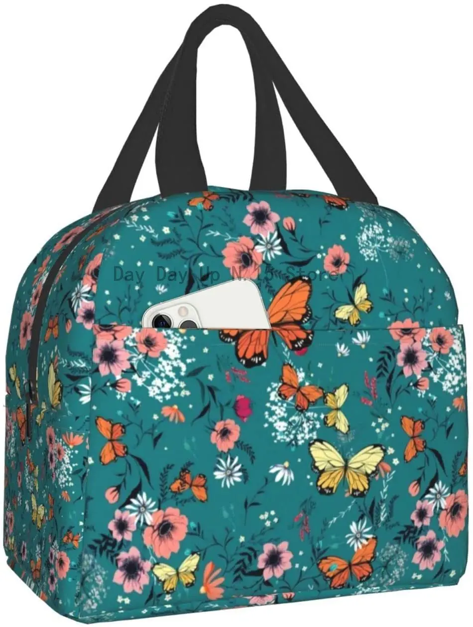 

Wild Flower Butterflies Lunch Box With Front Pocket Reusable Lunch Tote Bag For Work College Hiking Picnic Beach Park Travel
