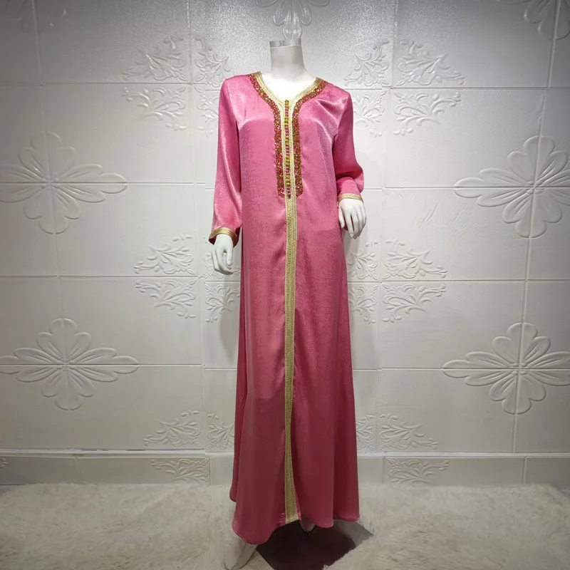 Fashion Muslim Dress Abaya Jalabiya For Women Summer Middle East Turkey Arabic Dubai Moroccan Kaftan Diamond Ribbon Long Sleeve