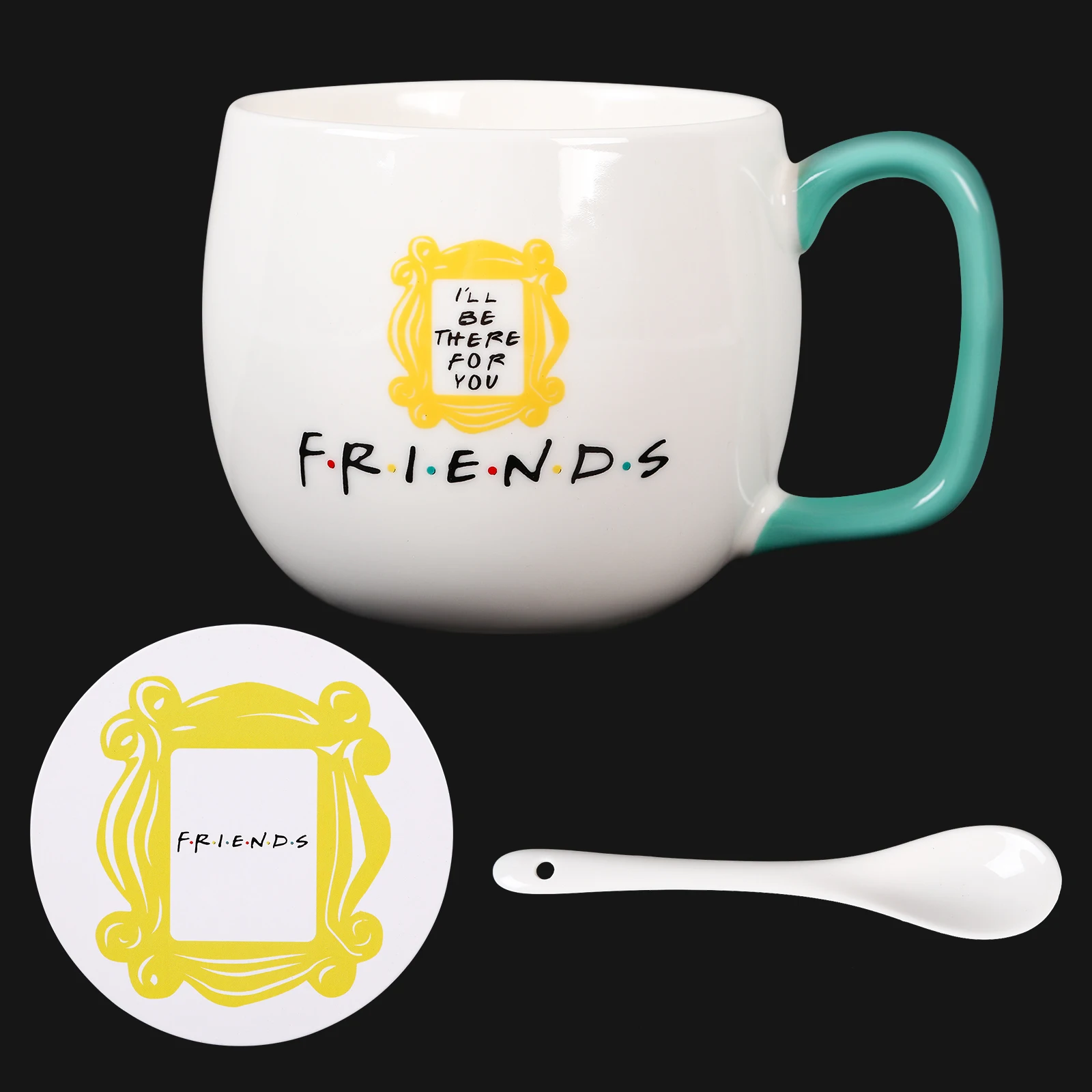 

FriendsTV Show Merchandise Coffee Cup &Mugs Milk Cup Peephole Frame sign,1Cup + 1 Spoon + 1 Coaster,Great Present for Friends Fa