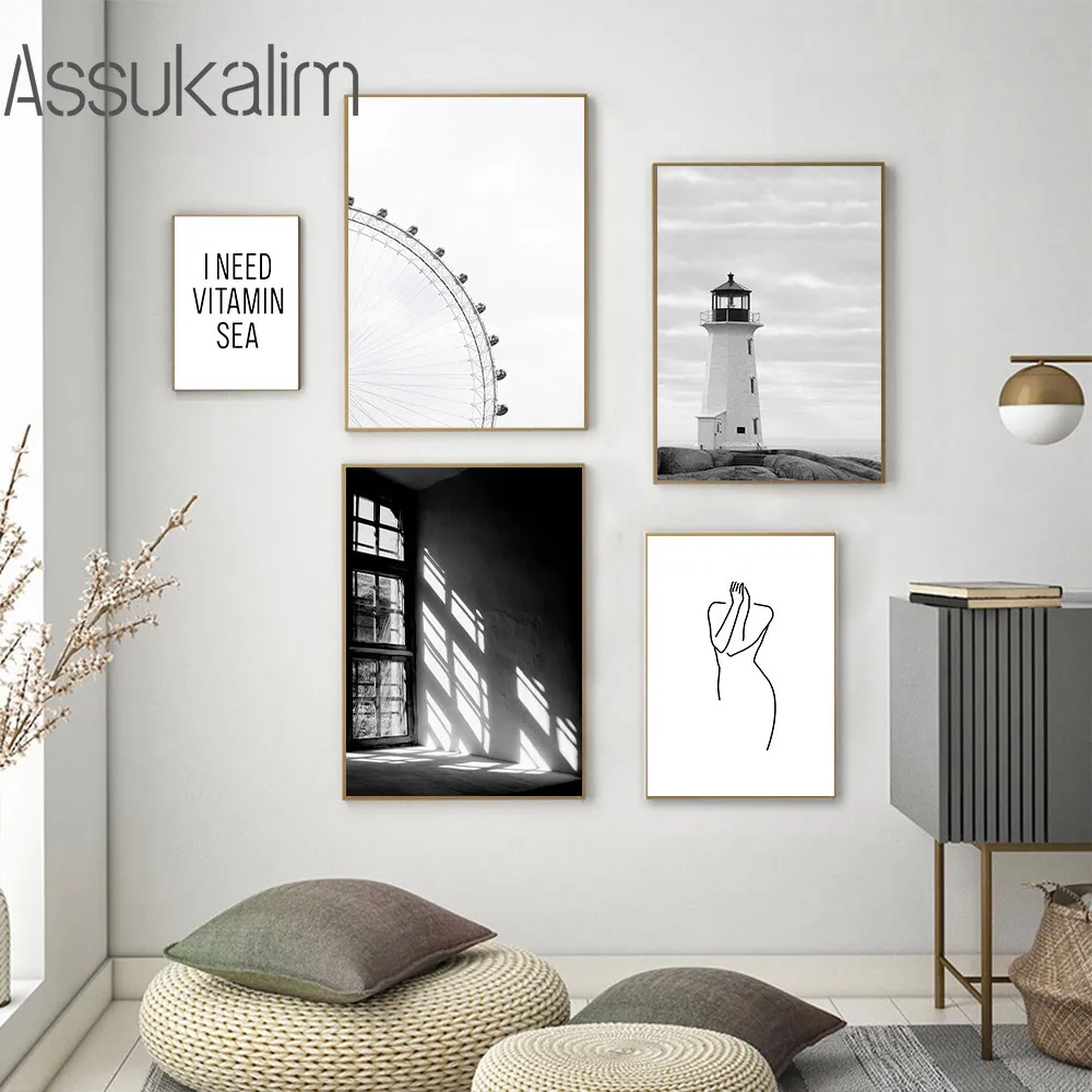 Черно-белый пейзаж художественные принты морской холст картины колеса обозрения