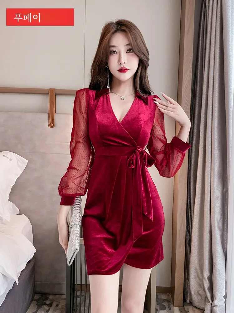 Ночной магазин Сексуальные платья для женщин с длинным рукавом Золотой бархат Slim