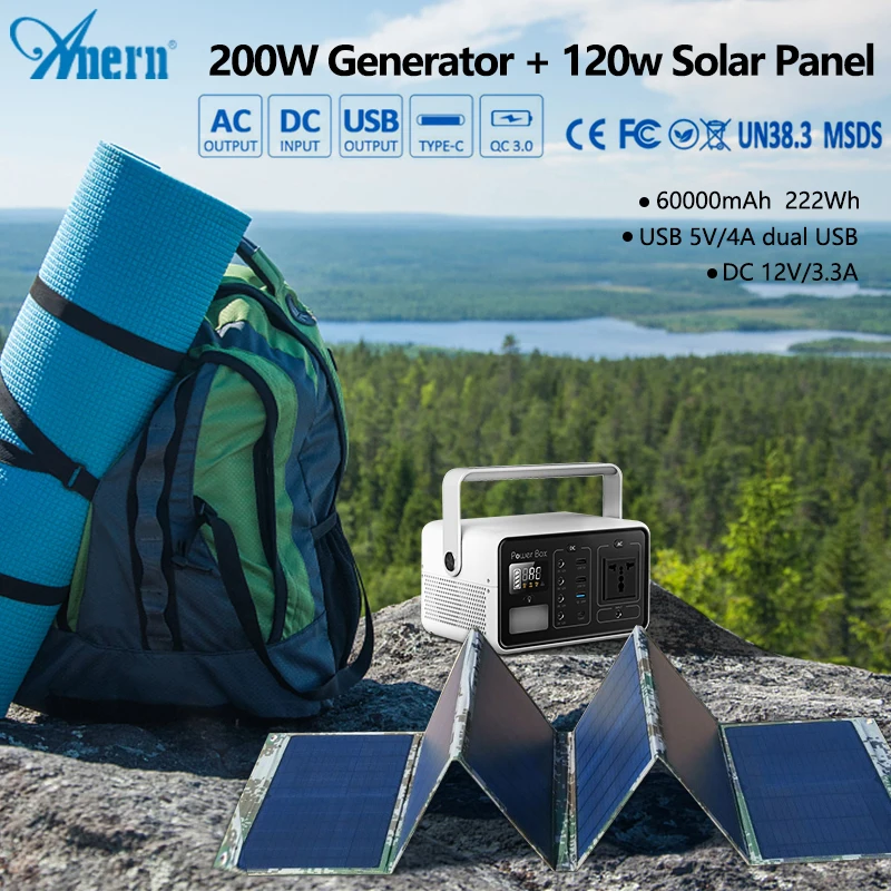 

Anern 200W Solar Generator 222Wh /60000mAh Portable Power Station With 18V 120W Foldable Solar Panel Outdoor Energy Power Supply