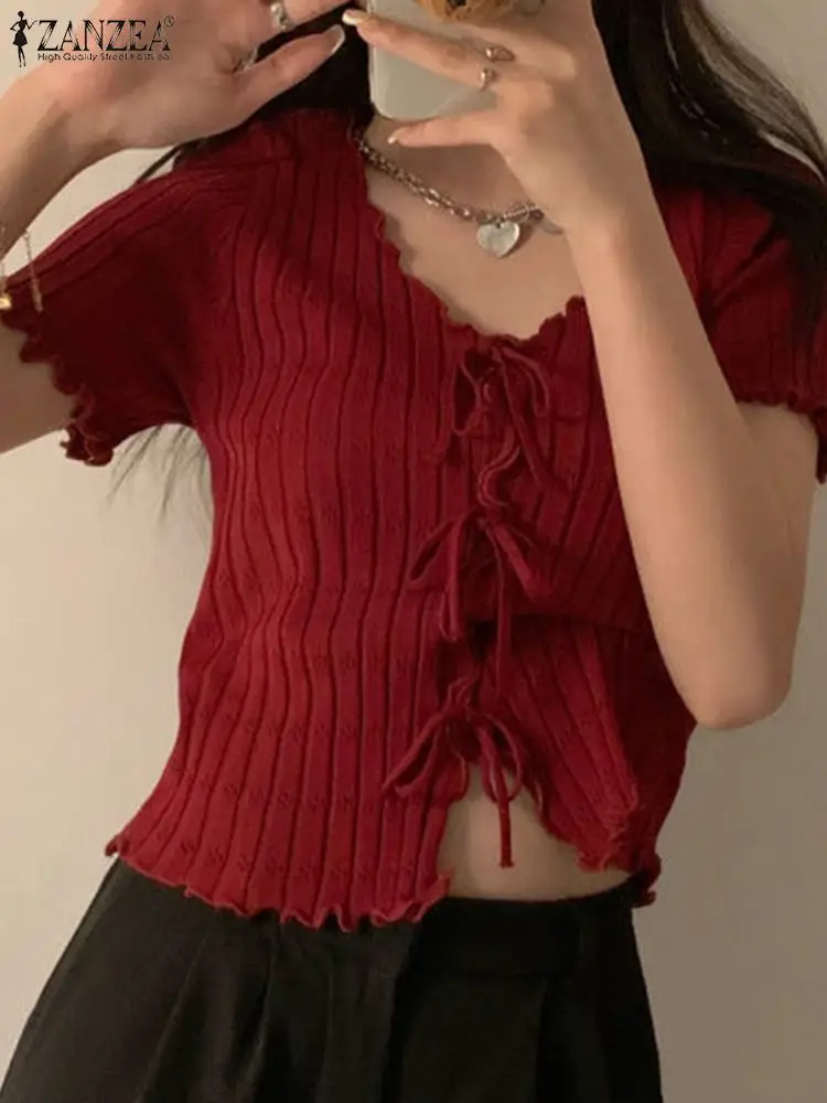 

Элегантная вязаная футболка на шнуровке ZANZEA, модные укороченные футболки с круглым вырезом, женские хлопковые топы в рубчик, летние облегаю...