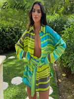 bomblook 2022 contrast color long sleeve print swimsuit shirt jacket beach style vacation essentials x22tp021