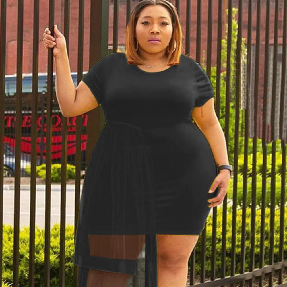 Plus Size Women's Dress 2023 New Large Women's Summer Short Sleeve Korean Fitting Mesh Stitching Irregular Perspective Dress