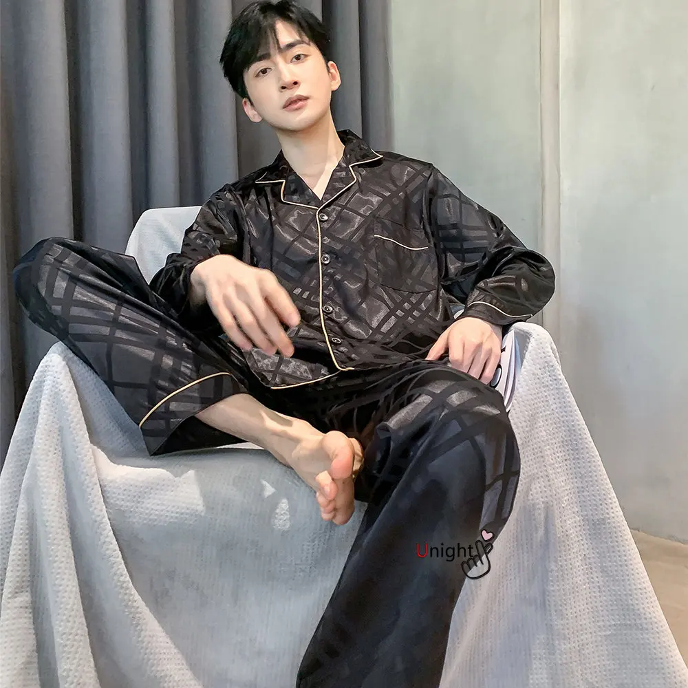 Men Silk Satin Pajamas Sets Long Sleeve Pyjamas Suit Sleepwear Pijama Men Loungewear Plus Size Set L-5XL Sleepwear Set Nightwear