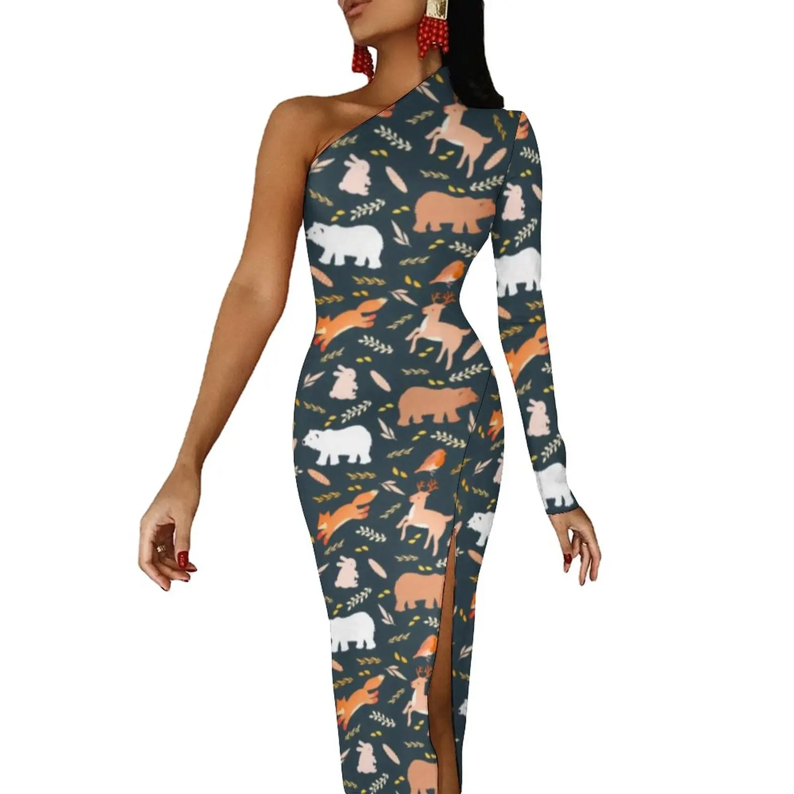 

Funny Fox Print Maxi Dress One Shoulder Woodland Animals Leaf Pretty Bodycon Dress Side Split Party Long Dresses Pattern Clothes