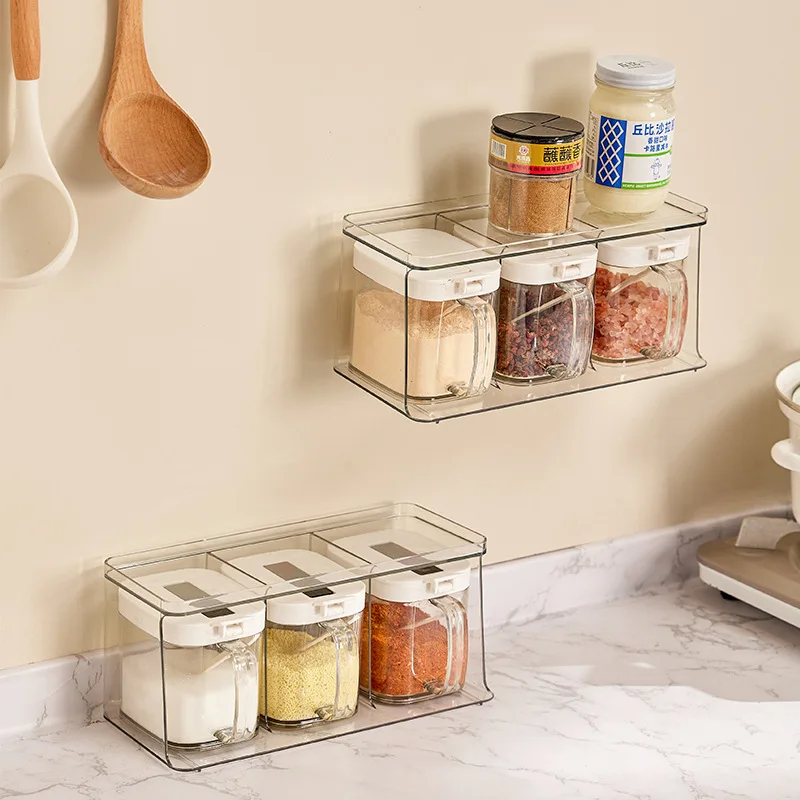 Jars for Spices Wall-mounted Seasoning Storage Spice Salt Jar Household Seasoning Bottle Box  Combination Set Kitchen Supplies