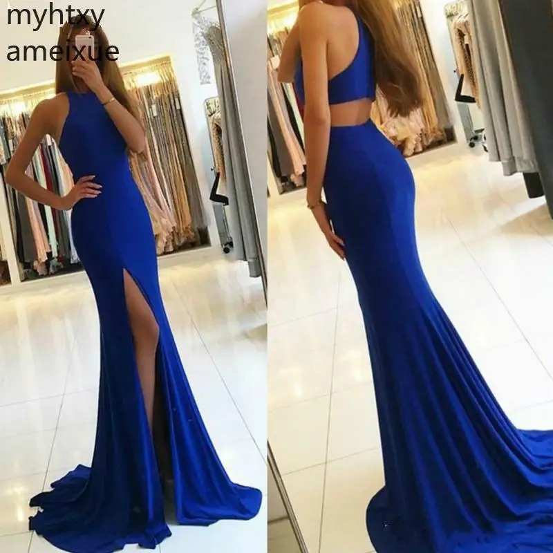 

Elegant Royal Blue Pink Mermaid Robe Evening Dresses 2023 Sexy Cheap Cutaway Sides Split Evening Gowns Halter Prom Dress