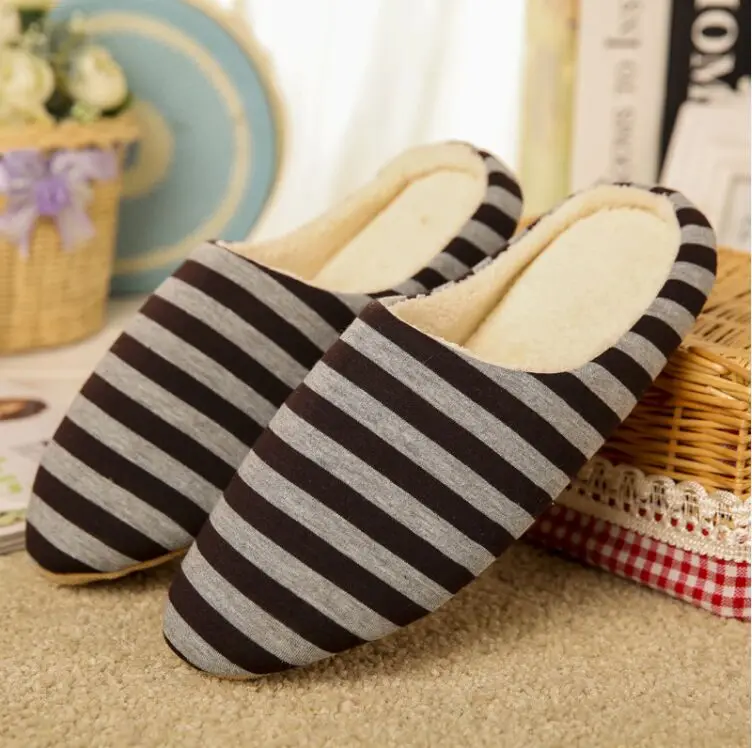 

Autumn Winter Warm Men Slippers Bottom Soft Home Slippers Striped Cotton Women Shoes Slip-On Indoor Floor Shoes Bedroom Shoes