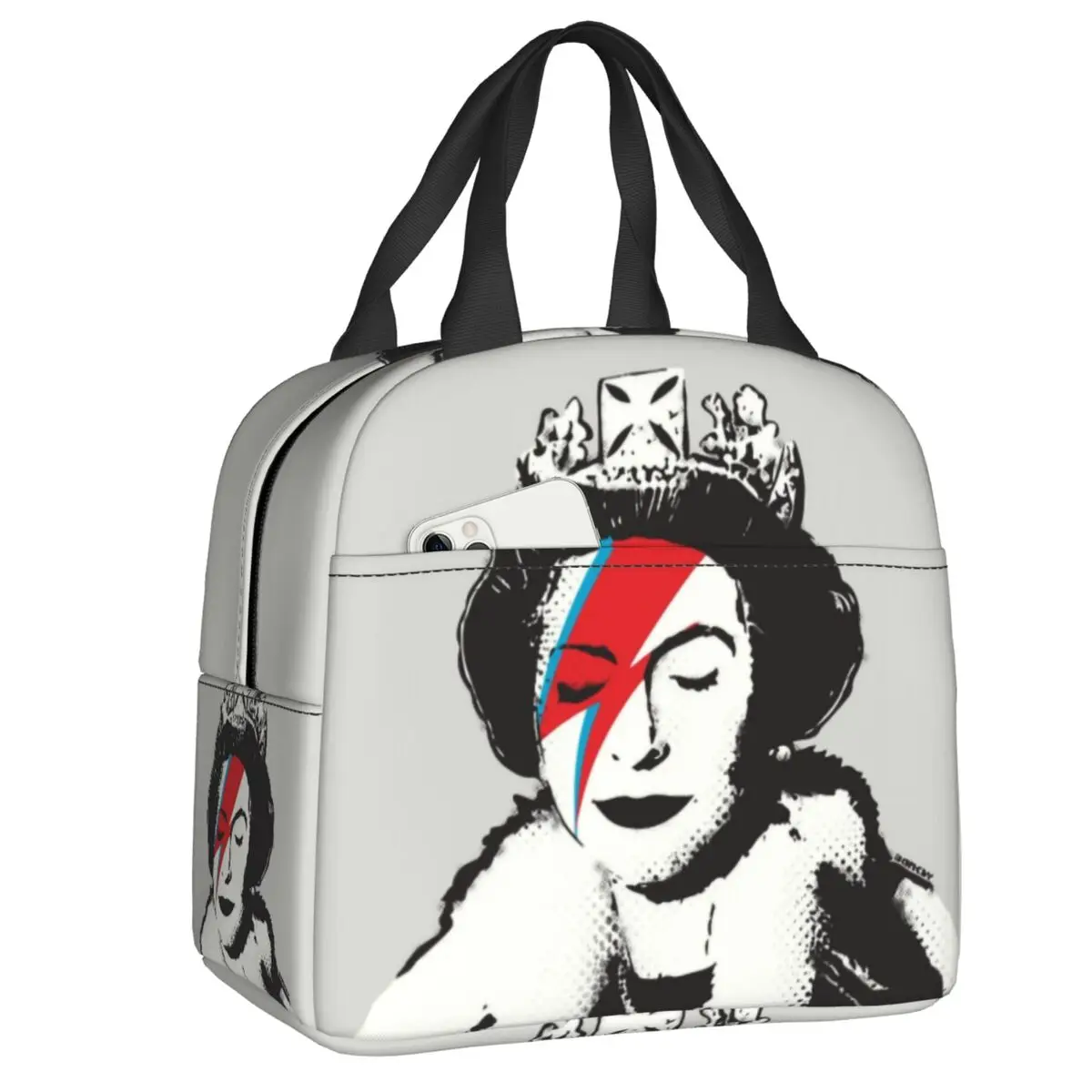 

England Queen Elisabeth Banksy Graffiti Insulated Lunch Bag for Women Leakproof Thermal Cooler Bento Box Work Picnic Lunch Tote