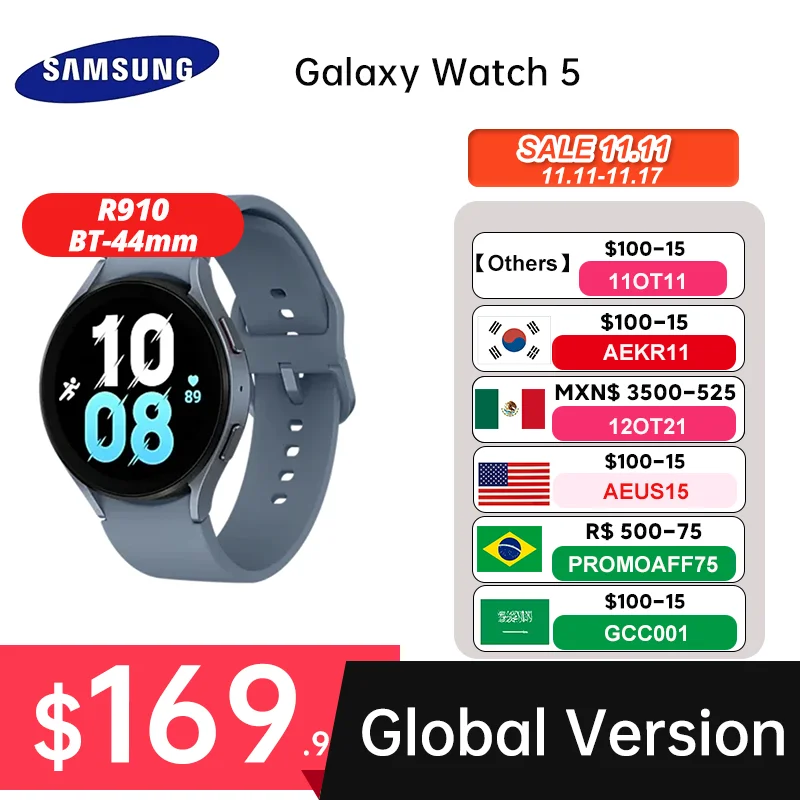 

Global Version Samsung Galaxy Watch 5 44mm R910 Smartwatch 1.4" Super AMOLED Blood Pressure Measurement ECG Fitness Track Fast