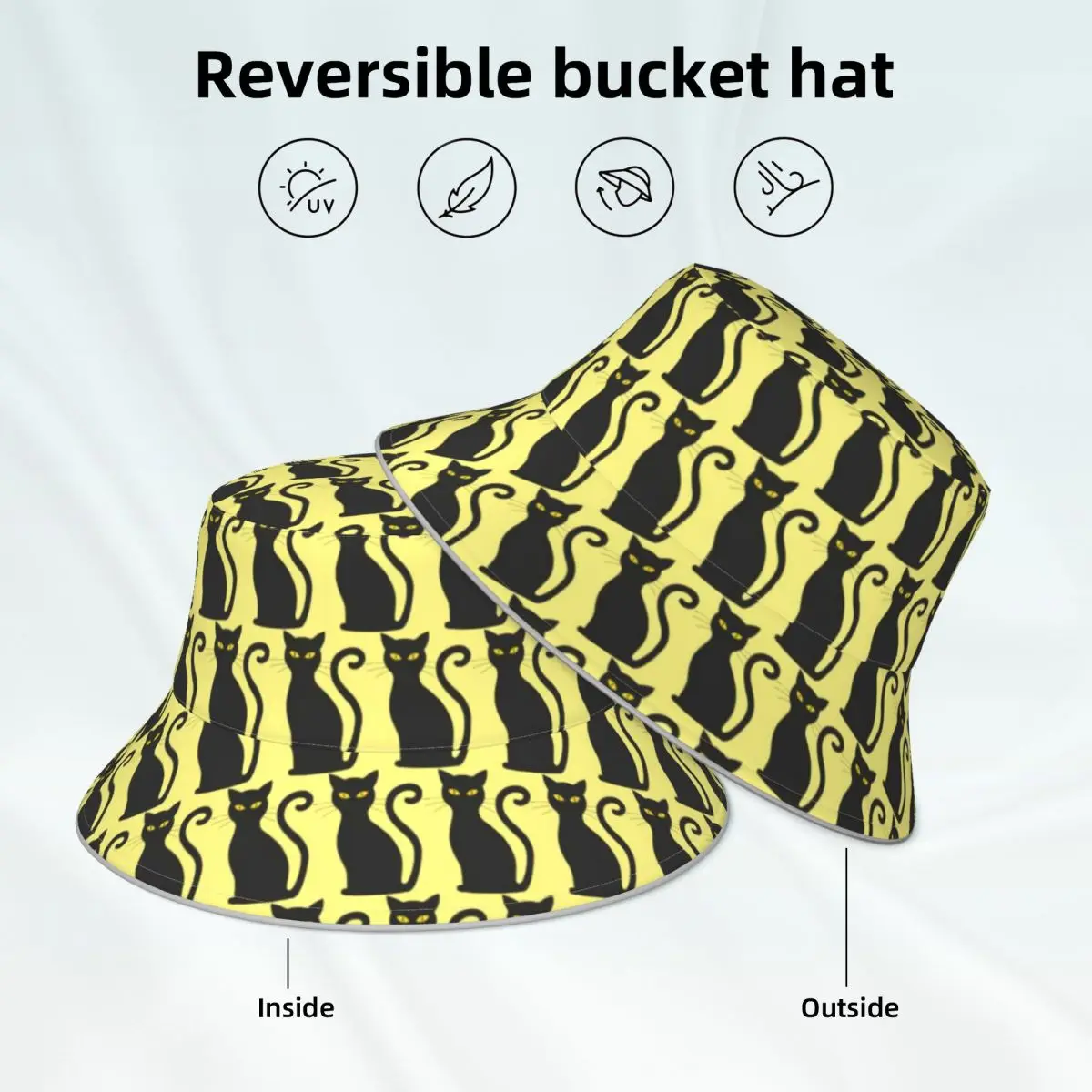 

Black Cat Bucket Hat Funny Animal Print Streetwear Original Reflective Fisherman Hats Unisex Reversible Sun Hat