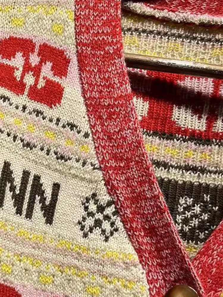

Женский однобортный Свободный кардиган, жаккардовый свитер составного кроя с буквенным принтом и V-образным вырезом, кардиган из смешанной шерсти для ранней осени, 2023