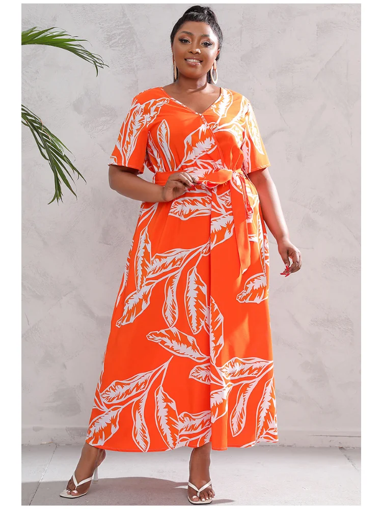 High-waisted exotic V-neck long skirt plus size temperament print black sexy exotic dress
