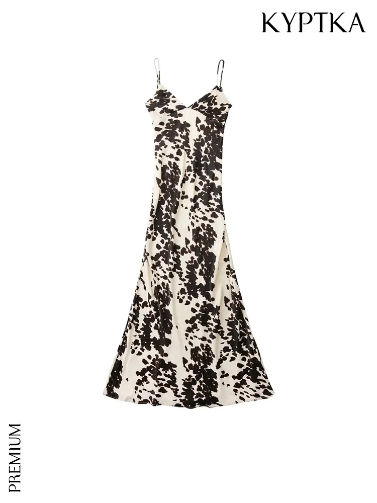 

KYPTKA Women Fashion With Backless Printed Midi Dress Vintage Adjustable Thin Straps Side Zipper Female Dresses Vestidos Mujer