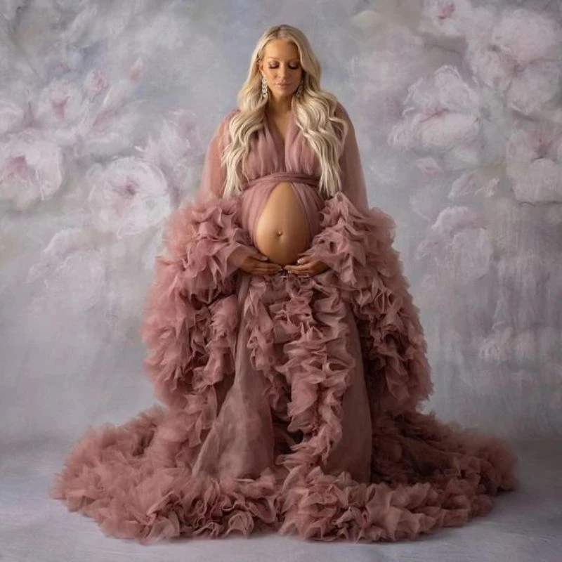 

Ruffled Tulle Maternity Gowns for Photo Shoot Fluffy Women Pregnant Dresses Bathrobe Long Sheer Party Maternity Robes Nightwear